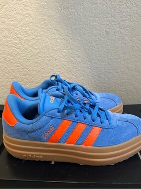 adidas women Blue Suede Sneakers with Orange Stripes and Tan Platform